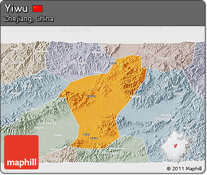 Political 3D Map of Yiwu, lighten, semi-desaturated