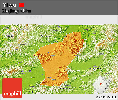 Political 3D Map of Yiwu, physical outside