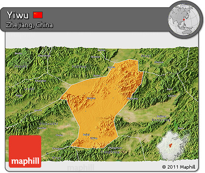 Political 3D Map of Yiwu, satellite outside