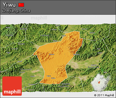 Political 3D Map of Yiwu, satellite outside
