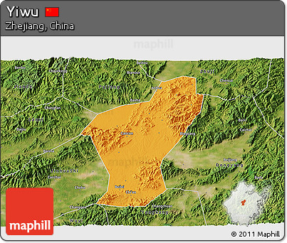 Political 3D Map of Yiwu, satellite outside