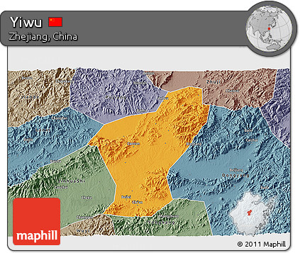 Political 3D Map of Yiwu, semi-desaturated