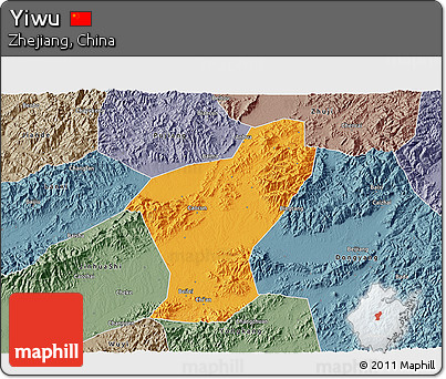 Political 3D Map of Yiwu, semi-desaturated