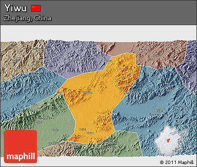 Political 3D Map of Yiwu, semi-desaturated