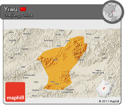 Political 3D Map of Yiwu, shaded relief outside