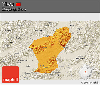 Political 3D Map of Yiwu, shaded relief outside