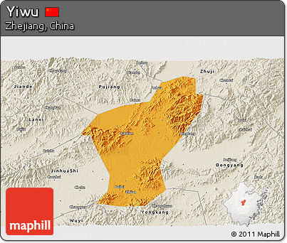 Political 3D Map of Yiwu, shaded relief outside