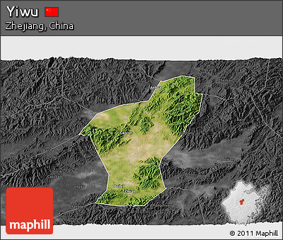 Satellite 3D Map of Yiwu, darken, desaturated