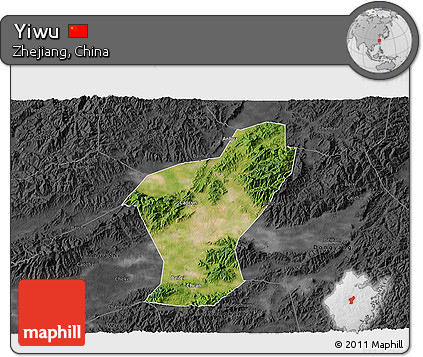 Satellite 3D Map of Yiwu, darken, desaturated