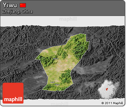 Satellite 3D Map of Yiwu, darken, desaturated