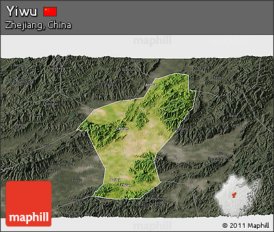 Satellite 3D Map of Yiwu, darken, semi-desaturated