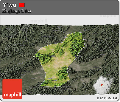 Satellite 3D Map of Yiwu, darken, semi-desaturated
