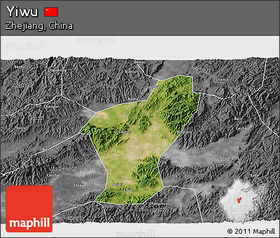 Satellite 3D Map of Yiwu, desaturated
