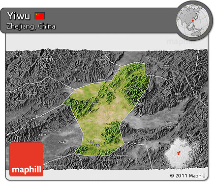 Satellite 3D Map of Yiwu, desaturated