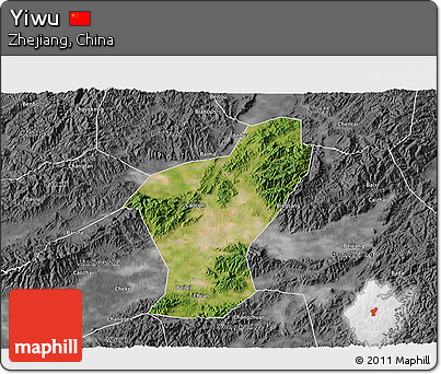 Satellite 3D Map of Yiwu, desaturated