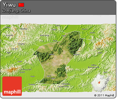 Satellite 3D Map of Yiwu, physical outside