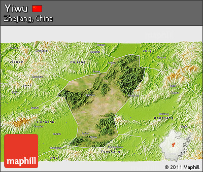 Satellite 3D Map of Yiwu, physical outside