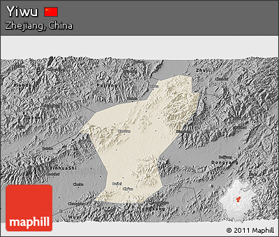 Shaded Relief 3D Map of Yiwu, darken, desaturated