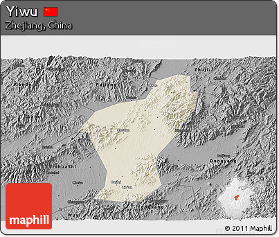 Shaded Relief 3D Map of Yiwu, darken, desaturated
