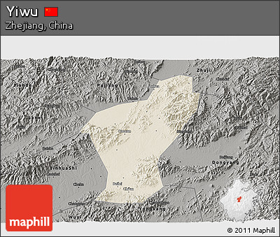 Shaded Relief 3D Map of Yiwu, darken, semi-desaturated