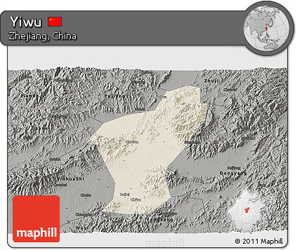 Shaded Relief 3D Map of Yiwu, darken, semi-desaturated