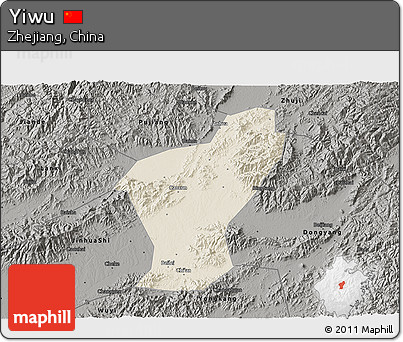 Shaded Relief 3D Map of Yiwu, darken, semi-desaturated