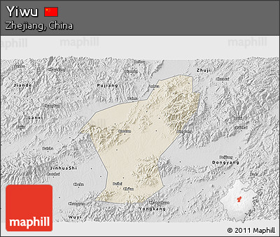 Shaded Relief 3D Map of Yiwu, desaturated