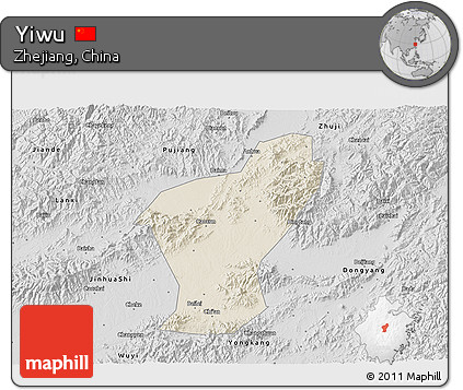 Shaded Relief 3D Map of Yiwu, desaturated