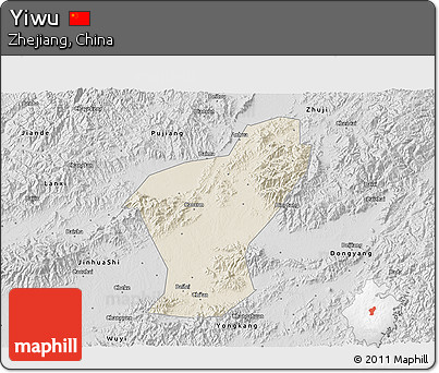 Shaded Relief 3D Map of Yiwu, desaturated