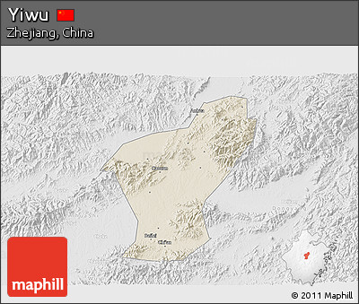 Shaded Relief 3D Map of Yiwu, lighten, desaturated