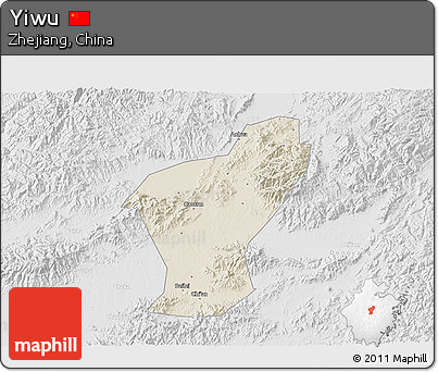 Shaded Relief 3D Map of Yiwu, lighten, desaturated