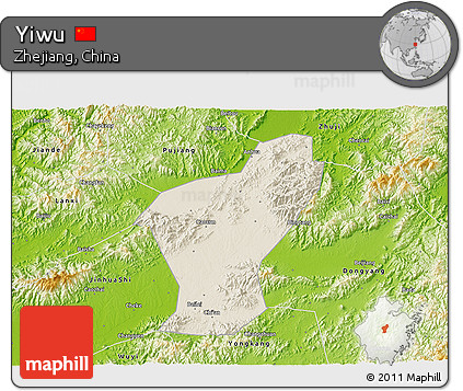 Shaded Relief 3D Map of Yiwu, physical outside