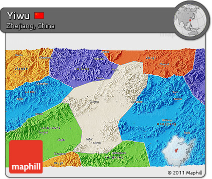 Shaded Relief 3D Map of Yiwu, political outside