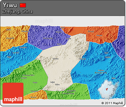 Shaded Relief 3D Map of Yiwu, political outside