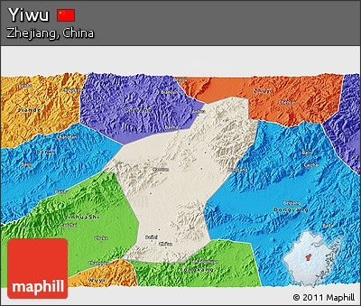 Shaded Relief 3D Map of Yiwu, political outside