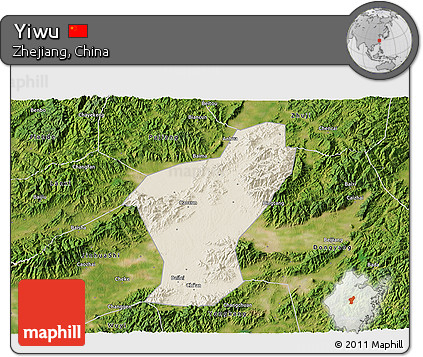 Shaded Relief 3D Map of Yiwu, satellite outside