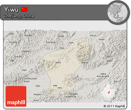 Shaded Relief 3D Map of Yiwu, semi-desaturated