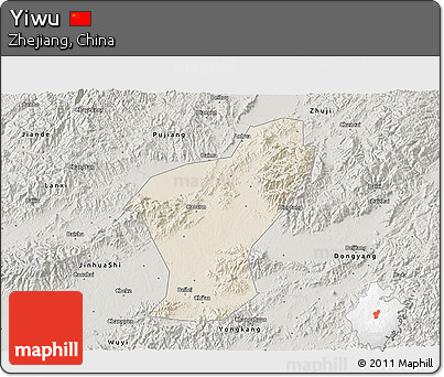 Shaded Relief 3D Map of Yiwu, semi-desaturated