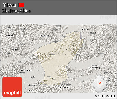 Shaded Relief 3D Map of Yiwu, semi-desaturated