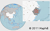 Gray Location Map of Yiwu, highlighted country, highlighted parent region, hill shading