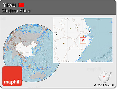 Gray Location Map of Yiwu, highlighted country, hill shading