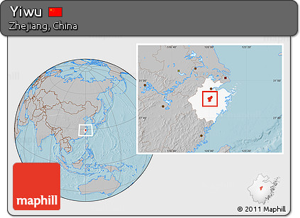 Gray Location Map of Yiwu, highlighted parent region, hill shading