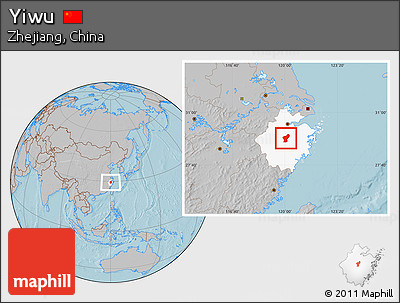 Gray Location Map of Yiwu, highlighted parent region, hill shading