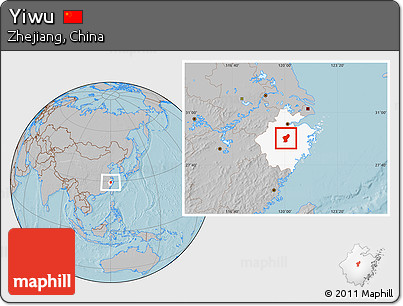 Gray Location Map of Yiwu, highlighted parent region, hill shading