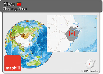 Physical Location Map of Yiwu, highlighted country, highlighted parent region