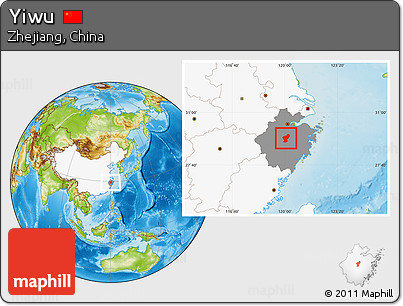 Physical Location Map of Yiwu, highlighted country, highlighted parent region