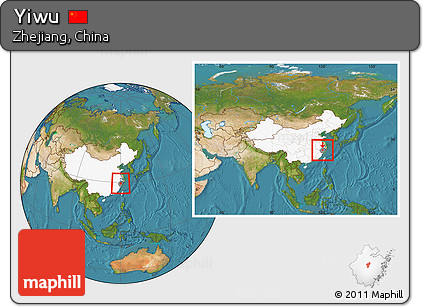 Satellite Location Map of Yiwu, highlighted country, highlighted parent region, within the entire country