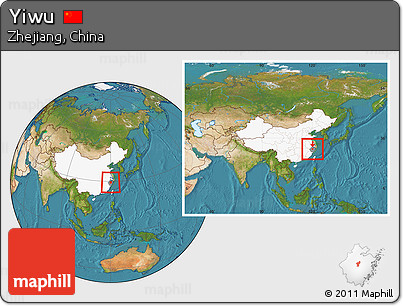 Satellite Location Map of Yiwu, highlighted country, highlighted parent region, within the entire country