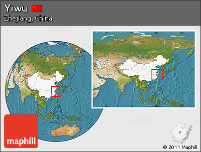 Satellite Location Map of Yiwu, highlighted country, highlighted parent region, within the entire country