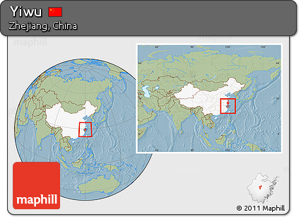 Savanna Style Location Map of Yiwu, highlighted country, highlighted parent region, within the entire country, hill shading